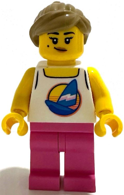 Diving Shop Owner - Female, White Tank Top with Dark Azure Sailboat, Dark Pink Legs, Dark Tan Hair w – ЛЕГО ИДЕИ