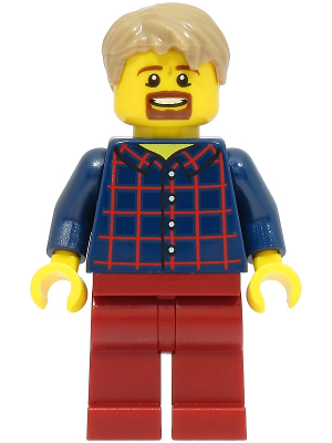 LEGOLAND Park Male, Dark Blue Plaid Button Shirt with Wide Neck and Back Print, Dark Tan Short Tousled Hair, Goatee – ПАРКОВЕ ЛЕГОЛАНД