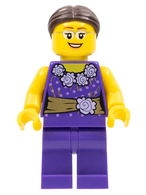 LEGOLAND Park Female, Dark Purple Blouse with Gold Sash and Flowers, Dark Brown Hair – ПАРКОВЕ ЛЕГОЛАНД