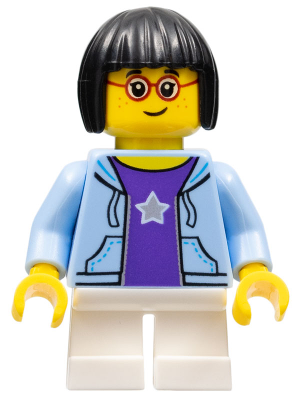 LEGOLAND Park Girl with Black Bob Cut Hair, Bright Light Blue Hooded Sweatshirt Open with Purple Shirt with Silver Star Pattern and White Short Legs – ПАРКОВЕ ЛЕГОЛАНД