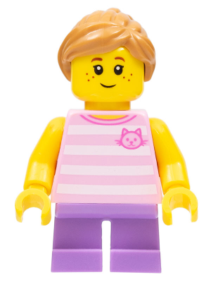 Child - Girl, Bright Pink Striped Shirt with Cat Head, Medium Lavender Short Legs, Medium Nougat Ponytail, Freckles – ПАРКОВЕ ЛЕГОЛАНД