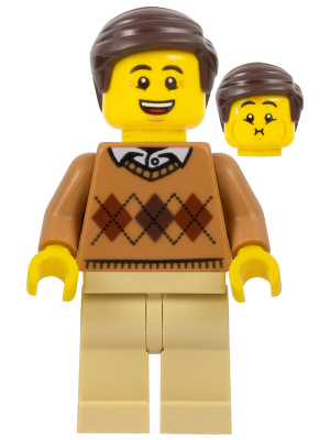 LEGOLAND Park Male with Dark Brown Hair, Medium Nougat Torso Argyle Sweater, Tan Legs – ПАРКОВЕ ЛЕГОЛАНД