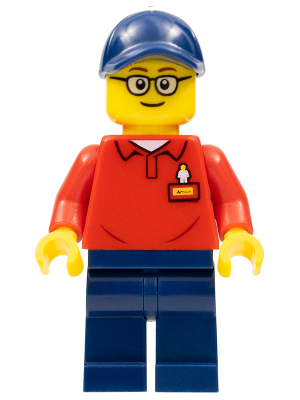 LEGOLAND Park Worker Male with Glasses, Dark Blue Hat, Red Polo Shirt with 'LEGOLAND' on Back and Dark Blue Legs – ПАРКОВЕ ЛЕГОЛАНД