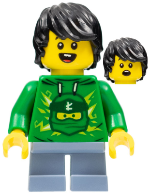 LEGOLAND Park Boy with Black Hair, Green Ninjago Hoodie, Sand Blue Short Legs – ПАРКОВЕ ЛЕГОЛАНД