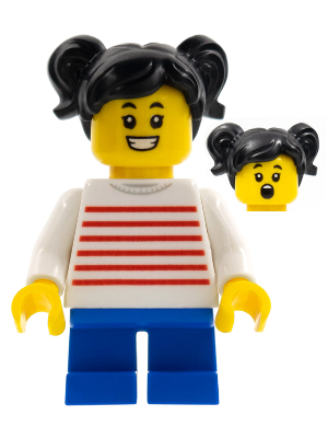 LEGOLAND Park Girl with Black Two Pigtails Hair, White Sweater with Red Horizontal Stripes, Blue Short Legs – ПАРКОВЕ ЛЕГОЛАНД