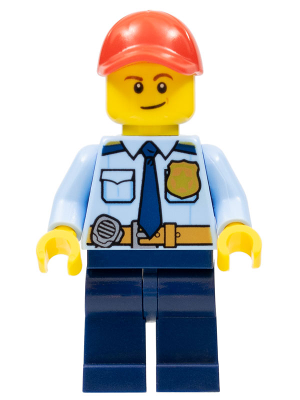 LEGOLAND Park Police Officer with Shirt with Dark Blue Tie and Gold Badge, Dark Tan Belt with Radio, Dark Blue Legs, Red Cap, Lopsided Smile – ПАРКОВЕ ЛЕГОЛАНД