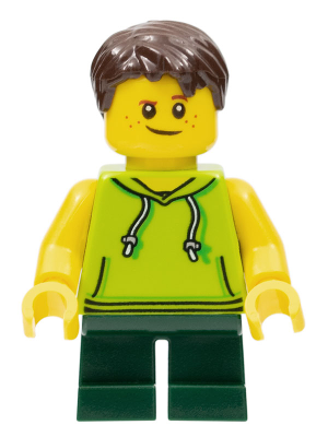 LEGOLAND Park Boy with Dark Brown Hair, Lime Sleeveless Hoodie, Dark Green Short Legs – ПАРКОВЕ ЛЕГОЛАНД