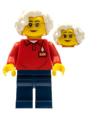 LEGOLAND Park Worker Older Female, Glasses, White Hair, Red Polo Shirt with 'LEGOLAND' on Back and Dark Blue Legs – ПАРКОВЕ ЛЕГОЛАНД