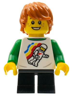 Child - Boy, Classic Space Shirt with Minifigure Floating and Back Print, Black Short Legs, Dark Orange Tousled Hair, Freckles – ПАРКОВЕ ЛЕГОЛАНД