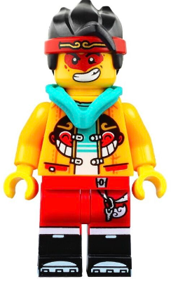 Monkie Kid - Bright Light Orange Open Jacket with Monkey Head Logo, Dark Turquoise Hood, Neutral / Angry with Red Face Paint – МОНКИ КИД