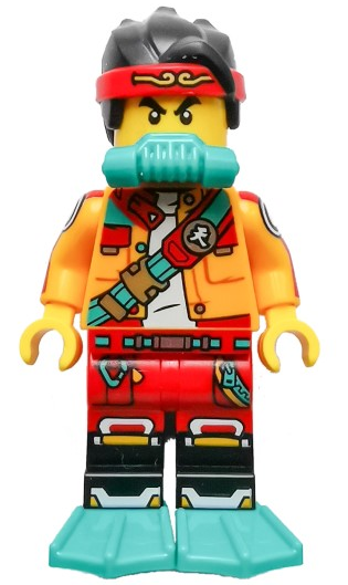 Monkie Kid - Bright Light Orange Open Jacket with Shoulder Strap, Dark Turquoise Scuba Breathing Regulator and Flippers, Frown – МОНКИ КИД