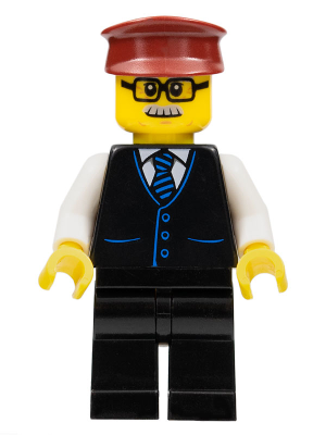 Train Driver - Male, Black Vest with Blue Striped Tie, Black Legs, Dark Red Hat, Glasses and Moustache – МОНКИ КИД