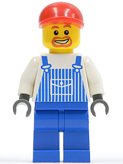 Overalls Striped Blue with Pocket, Blue Legs, Red Short Bill Cap, Beard Around Mouth – ГРАДСКИ