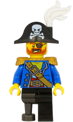 Pirate Captain - Bicorne Hat with Skull and White Plume, Pearl Gold Epaulettes, Blue Open Jacket, Black Leg and Pearl Dark Gray Peg Leg – ПИРАТИ