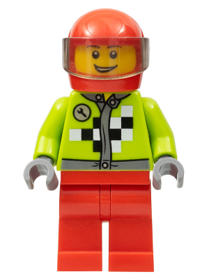 Lime Jacket with Wrench and Black and White Checkered Pattern, Red Legs, Red Helmet, Trans-Brown Visor – ГРАДСКИ