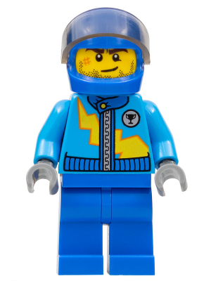 Dark Azure Racing Jacket with Zipper and Yellow Lightning Bolt Pattern, Blue Helmet, Trans-Brown Visor – ГРАДСКИ