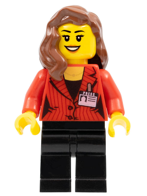 Camerawoman - Red Suit Jacket with Press Pass, Black Legs, Reddish Brown Female Hair over Shoulder, Open Mouth Smile with Peach Lips – СКОРОСТНИ ШАМПИОНИ