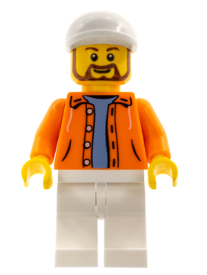Hot Dog Vendor - Orange Jacket Hoodie over Medium Blue Sweater, White Legs, White Short Bill Cap, Beard – СКОРОСТНИ ШАМПИОНИ