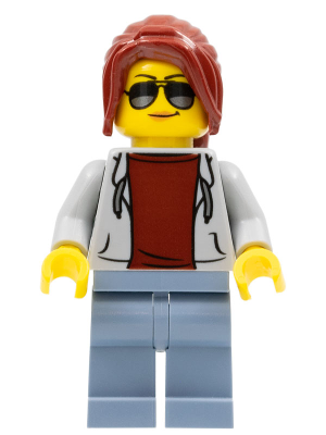 Race Marshal - Female, Light Bluish Gray Hoodie over Dark Red Shirt, Sand Blue Legs, Dark Red Ponytail Long with Side Bangs, Sunglasses and Peach Lips – СКОРОСТНИ ШАМПИОНИ