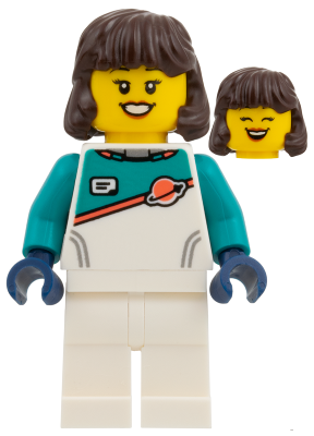 Astronaut - Female, Dark Brown Hair, White Spacesuit with Dark Turquoise Panel and Sleeves – КОСМОС
