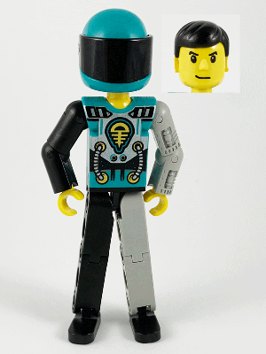 Technic Figure Black/Light Gray Legs, Dark Turquoise Torso with Yellow, Black, Silver Pattern, Light Gray Mechanical Left Arm, Dark Turquoise Helmet – ТЕХНИК
