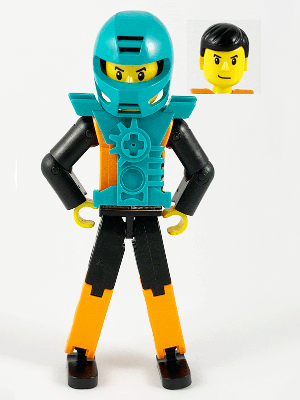 Technic Figure Orange/Black Legs, Orange Torso with Silver Pattern, Black Arms, Black Hair, Dark Turquoise Helmet and Armor – ТЕХНИК
