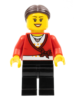 LEGO Brand Store Female, Sweater Cropped with Bow, Heart Necklace, Black Legs, Dark Brown Hair with Bun – МАРКА ЛЕГО