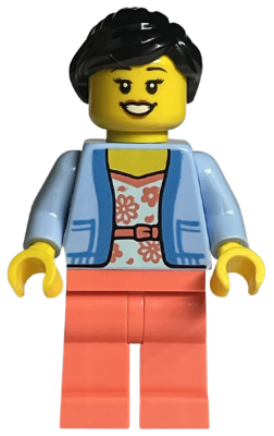 LEGO Store Customer - Female, Bright Light Blue Jacket over White Shirt with Coral Flowers, Coral Legs, Black Ponytail – МАРКА ЛЕГО