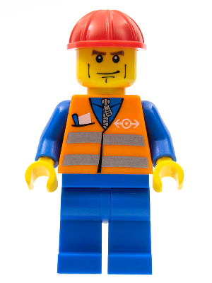 Orange Vest with Safety Stripes - Blue Legs, Brown Eyebrows and Cheek Lines, Red Construction Helmet – ВЛАКОВЕ