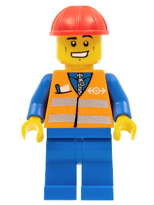 Orange Vest with Safety Stripes - Blue Legs, Cheek Lines and Wide Grin, Red Construction Helmet – ВЛАКОВЕ