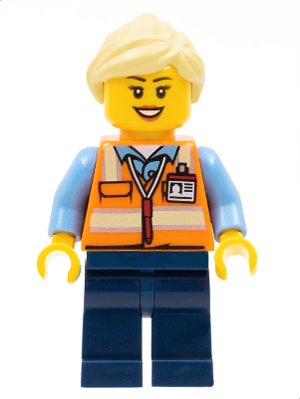 Train Worker - Female, Orange Safety Vest with Badge, Dark Blue Legs, Bright Light Yellow Ponytail and Swept Sideways Fringe – ВЛАКОВЕ