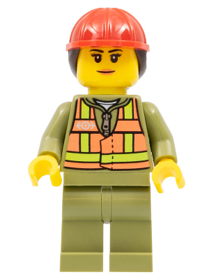 Train Worker - Female, Orange Safety Vest with Lime Straps, Olive Green Legs, Red Construction Helmet with Dark Brown Ponytail Hair – ВЛАКОВЕ