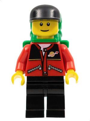 Red Jacket with Zipper Pockets and Classic Space Logo, Black Legs, Black Cap, Green Backpack with Sleeping Bag – ГРАДСКИ
