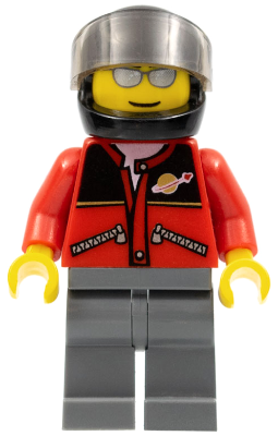 Red Jacket with Zipper Pockets and Classic Space Logo, Dark Bluish Gray Legs, Black Helmet, Silver Sunglasses – ГРАДСКИ