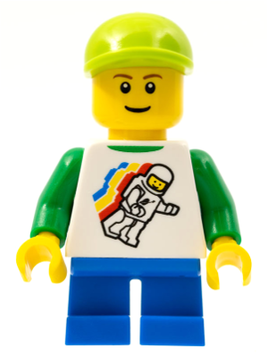 Classic Space Minifigure Floating Pattern, Blue Short Legs, Lime Short Bill Cap, Reddish Brown Eyebrows – ГРАДСКИ