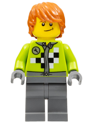 Lime Jacket with Wrench and Black and White Checkered Pattern, Dark Bluish Gray Legs, Dark Orange Hair, Crooked Smile – ГРАДСКИ