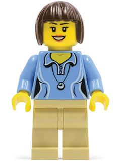 Medium Blue Female Shirt with Two Buttons and Shell Pendant, Tan Legs, Dark Brown Bob Cut Hair – ГРАДСКИ