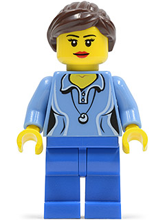 Medium Blue Female Shirt with Two Buttons and Shell Pendant, Blue Legs, Dark Brown Ponytail and Swept Sideways Fringe – ГРАДСКИ