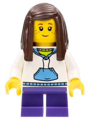 Child - Girl, White Hoodie with Medium Blue Pocket, Dark Purple Short Legs, Dark Brown Long Hair, Freckles – ГРАДСКИ