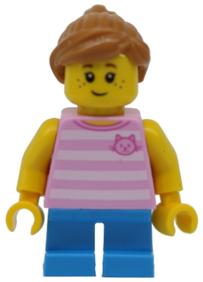 Child - Girl, Bright Pink Striped Shirt with Cat Head, Dark Azure Short Legs, Medium Nougat Ponytail, Freckles – ГРАДСКИ