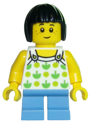 Child - Girl, White Halter Top with Green Apples and Lime Spots, Medium Blue Short Legs, Black Bob Cut Hair, Freckles – ГРАДСКИ