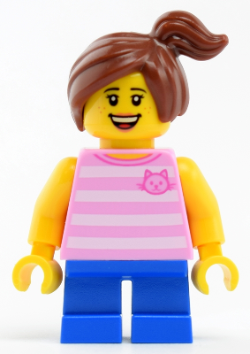 Child - Girl, Bright Pink Striped Shirt with Cat Head, Blue Short Legs, Reddish Off-center Ponytail, Freckles – ГРАДСКИ
