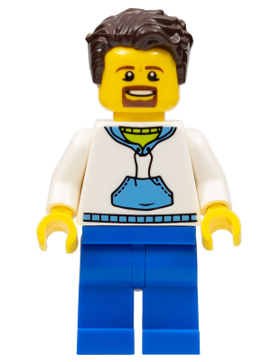 Ludo Blue - Male, White Hoodie with Medium Blue Pocket, Blue Legs, Dark Brown Tousled Hair, Goatee – МАРКА ЛЕГО