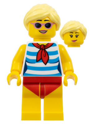 Ludo Yellow - Female, Dark Azure and White Striped Shirt with Red Scarf, Yellow Legs with Red Swimsuit, Bright Light Yellow Ponytail, Sunglasses – МАРКА ЛЕГО