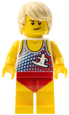 Ludo Yellow - Male, Tank Top with Surfer Silhouette, Yellow Legs with Red Swimsuit, Tan Tousled Hair – МАРКА ЛЕГО