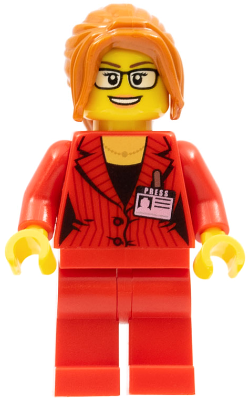 Ludo Red - Female, Red Suit Jacket with Press Pass, Red Legs, Dark Orange Ponytail, Glasses – МАРКА ЛЕГО