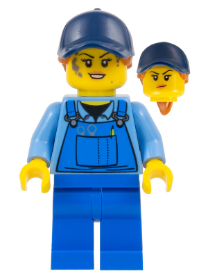 Mechanic - Female, Blue Overalls over Medium Blue Shirt, Blue Legs, Dark Blue Cap with Dark Orange Ponytail, Back Print – ГРАДСКИ