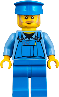 Mechanic - Male, Blue Overalls over Medium Blue Shirt, Blue Legs, Blue Police Hat, Dark Tan Moustache and Sideburns, No Back Print – ГРАДСКИ