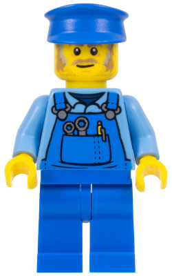 Mechanic - Male, Blue Overalls over Medium Blue Shirt, Blue Legs, Blue Police Hat, Dark Tan Moustache and Sideburns, Back Print – ГРАДСКИ