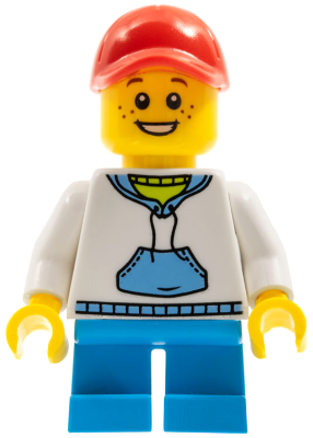 Child - Boy, White Hoodie with Medium Blue Pocket, Dark Azure Short Legs, Red Cap, Freckles – ГРАДСКИ